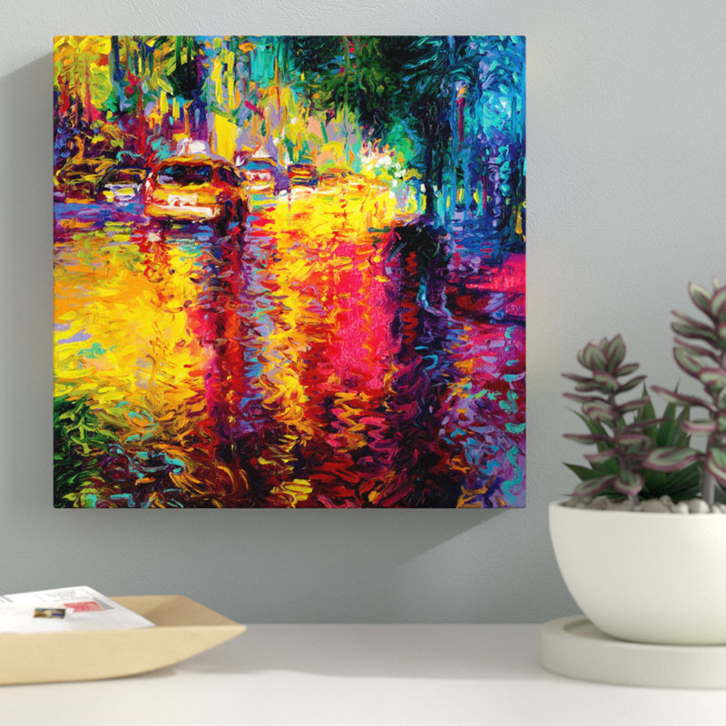 « iris scott-taxi », peinture sur toile tendue, H 18 po x l 18 po x P 1,5 po, Toile avec cadre noir, Pas de tapis