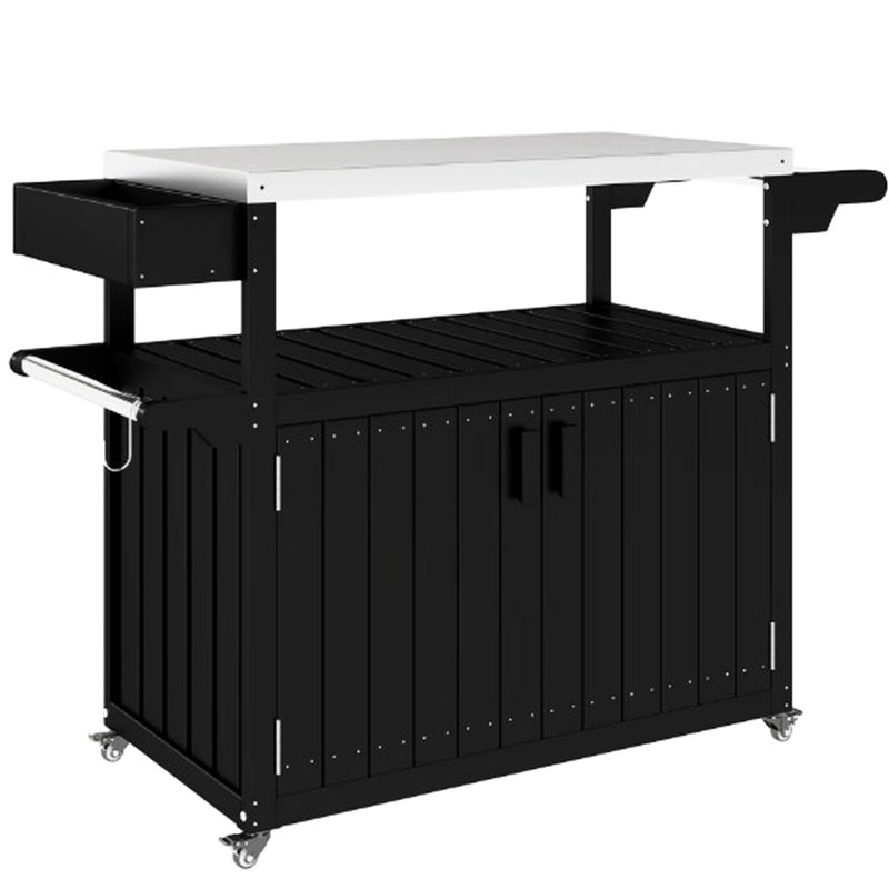 Table de bar à roulettes pour l'extérieur, événements de fête d'avant-match, plateau en acier inoxydable, structure, tablette de rangement, table pivotante à 360 °, préparation des aliments et boissons, acier, chariot, armoire avec portes, crochets latéraux