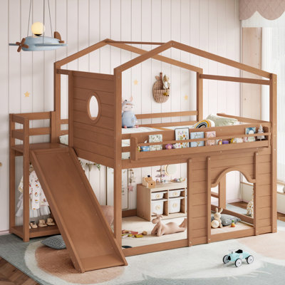 Full Solid Wood House Loft Bed with Slide, Bookshelves and Built-in Wardrobe