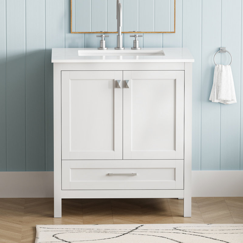 Meuble-lavabo de salle de bain 30 po, structure en bois massif blanc et marbre. Flair contemporain, système de fermeture en douceur. Entièrement assemblé 24V03-30Wh Look sophistiqué, fermeture.