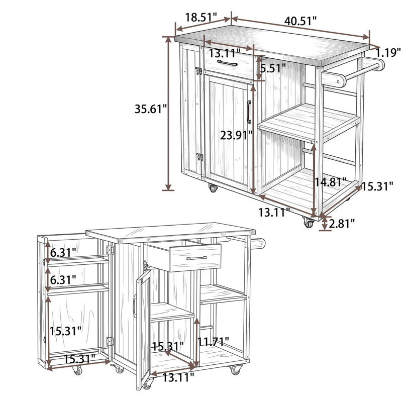 Farmhouse Outdoor Kitchen Island Cart with Stainless Steel Top, Hidden Spice Rack Cabinet, Drawer and Open Shelves for Patio Backyard and Garden