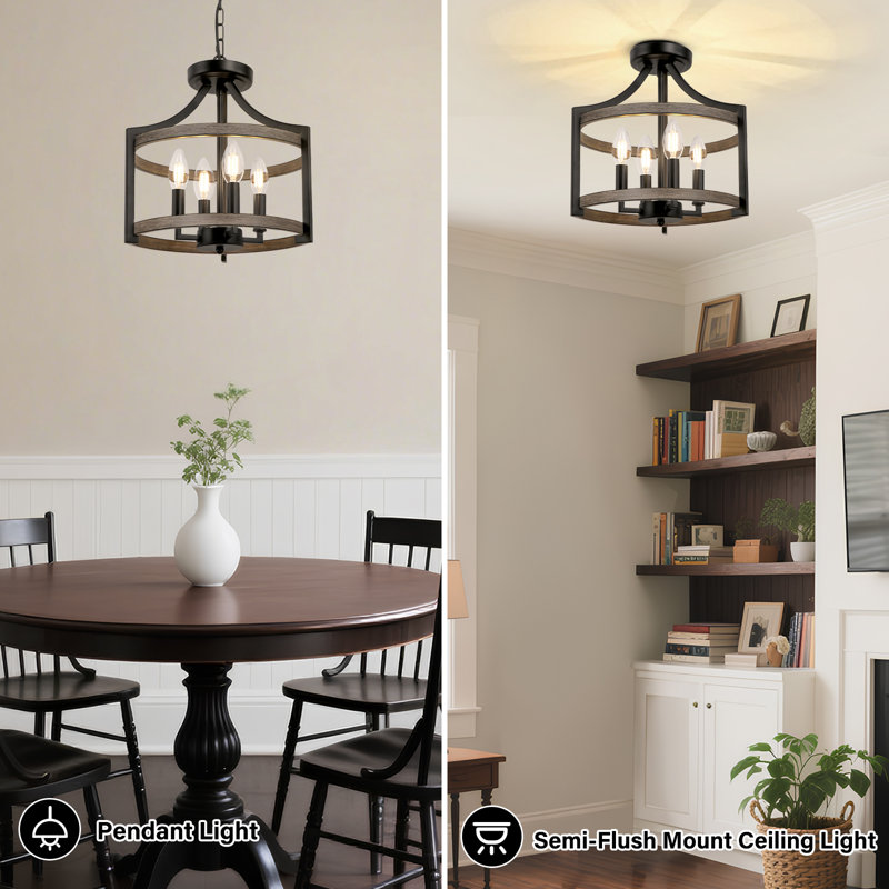 Aonesty 4-Light Lantern Chandelier, Matte Black/Faux Wood Grain