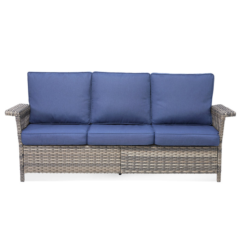 76.7" Wide Outdoor Wicker Patio Sofa, Wide Armrest Outdoor Couch With Blue Cushions For Porch Garden, Blue