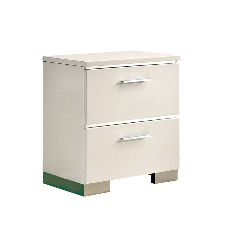 Table de chevet avec détails en métal chromé, port USB, 2 tiroirs, blanc brillant
