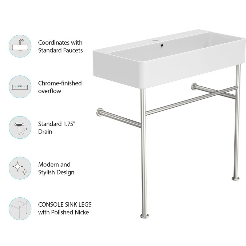 Glossy White Ceramic Rectangular Console Sink with Steel Legs