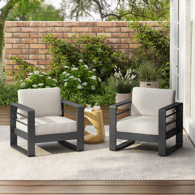 MAYA BAY OUTDOOR PATIO ALUMINUM CLUB CHAIR, BLACK FINISH WITH BEIGE CUSHION, SET OF 2
