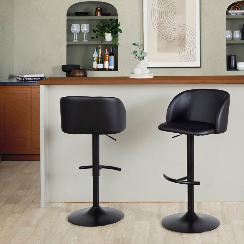 Tabouret de bar réglable en métal et similicuir noir avec repose-pieds arrondi en T - ensemble de 2, Noir
