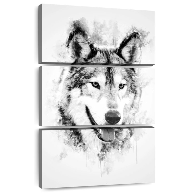 Tête de loup en noir et blanc, H 38 po x l 24 po