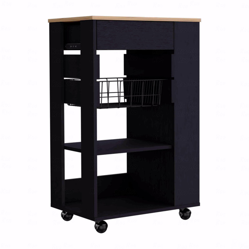 Kitchen Cart, One Drawer, Two Open Shelves, Four Casters, Black