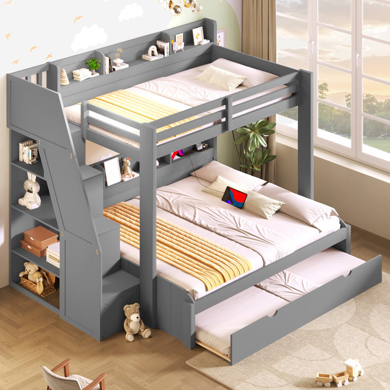 Twin Over Full Bunk With Trundle, Storage Staircase & USB, Gray