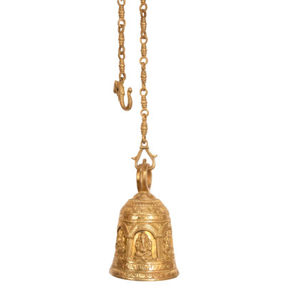 Cloche de temple en laiton fabriquée à la main avec divinités Lakshmi Ganesha Durga de 9 po - Chaîne suspendue spirituelle traditionnelle indienne avec chaîne H 9 po x l 5 po x P 5 po