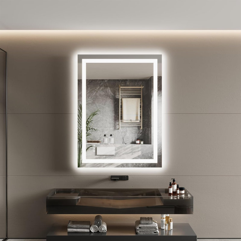Miroir de salle de bain anti-buée intelligent à DEL avec façade et rétroéclairage à intensité variable, 24 po x 32 po