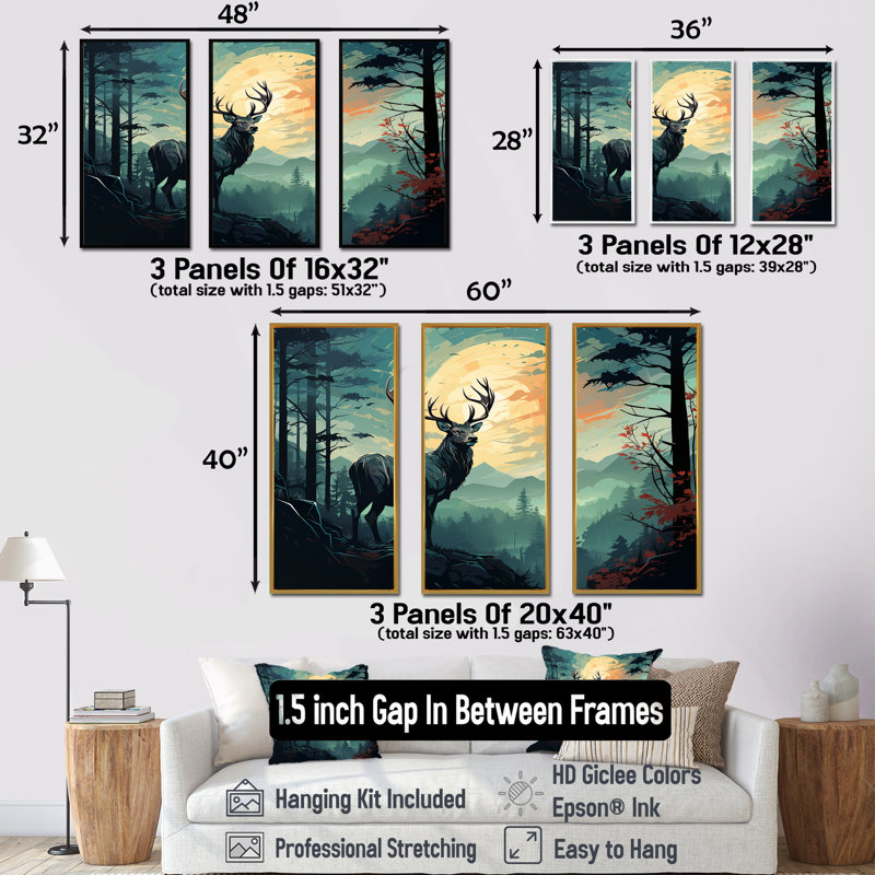 «Deer Sunset Landscape In Canada III - Deer Animal», art mural, Cadre flottant doré, H 40 po x l 61 po