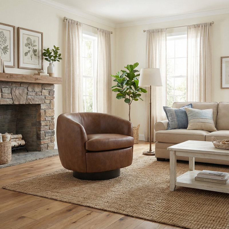 Upholstered Brown Faux Leather Swivel Barrel Chair Recessed Arms With Solid Wood Base, Brown