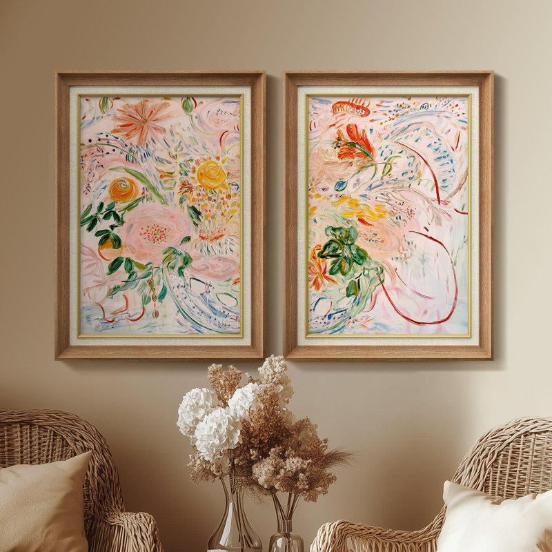 «Colorful Abstract Floral Art», ensemble de 2 reproductions d'art encadrées de qualité supérieure sur papier 26 po x 36 po