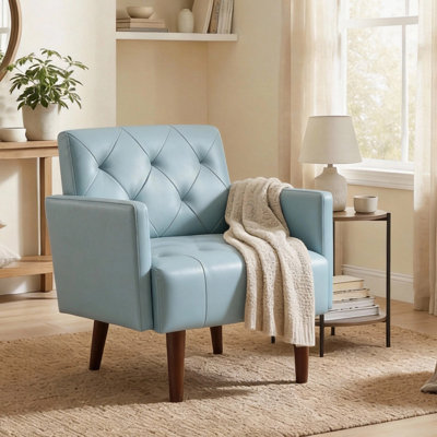 Chaise d'appoint en similicuir, fauteuil de style Mid-Century moderne pour le salon, fauteuil capitonné, canapé simple, coussin en mousse à haute densité, pieds en bois massif pour la maison, la chambre à coucher, le bureau et la réception
