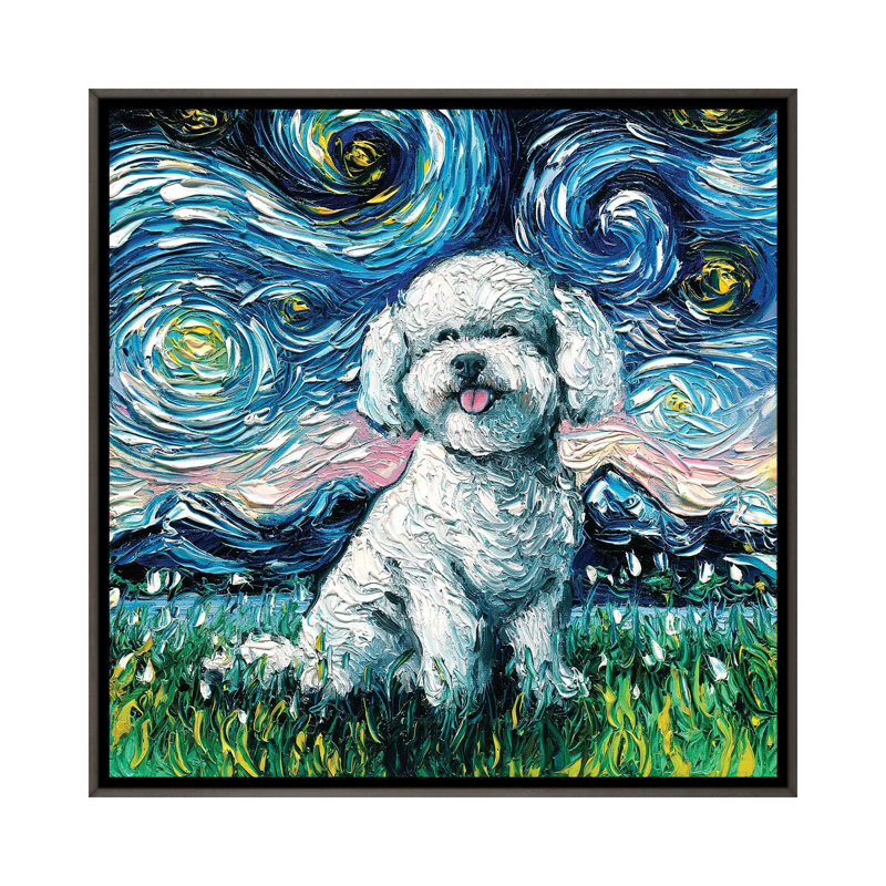 Reproduction d’art, "Bichon frisé Night" par aja Trèves, H 37 po x l 37 po x P 1,5 po, Toile encadrée de bois rustique foncé