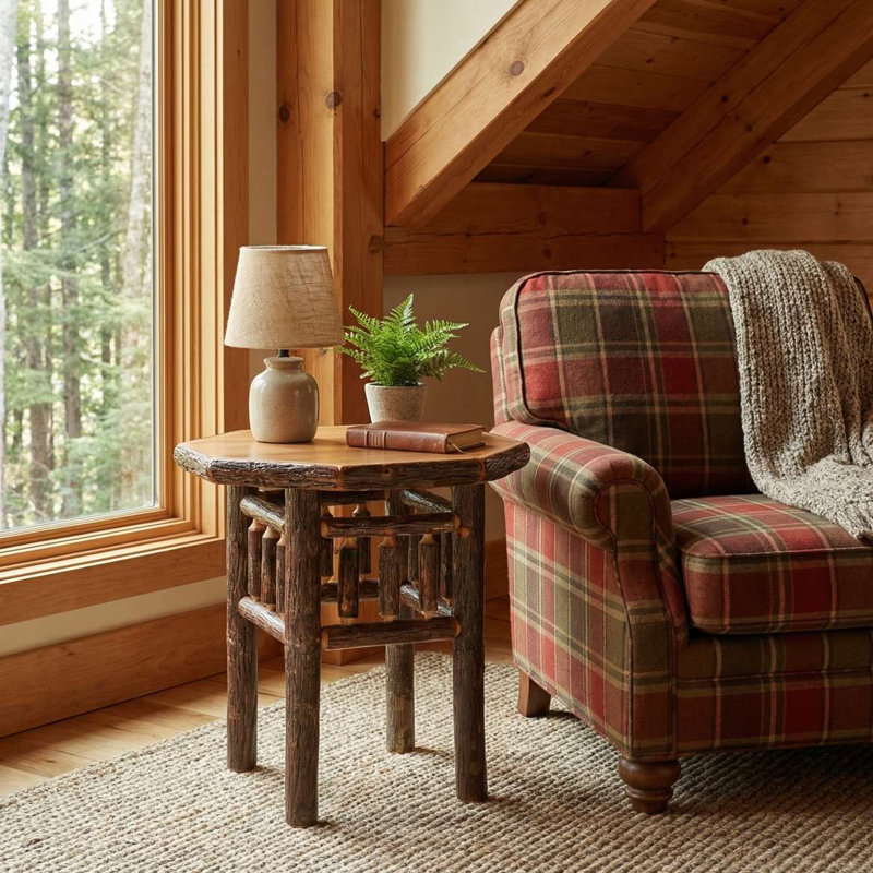Fireside Lodge Hickory Log Octagon End Table - Cinnamon, Rustic Alder