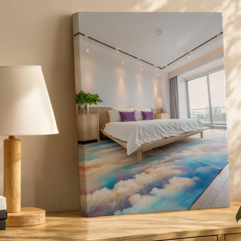 Toile, une chambre à coucher moderne avec un lit élégant en bois à profil bas orné de draps blancs et de coussins mauves