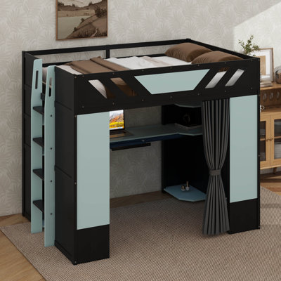 Full Size Gaming Wood Loft Bed With Workstation, Sturdy Loft Bed With Open Shelves,Blackout Curtains,And RGB Lights