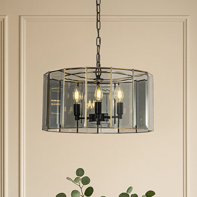 5-light 20'' Modern Smoked Glass Drum Brass Chandelier Dimmable And Ajustable For Dining Room Living Room
