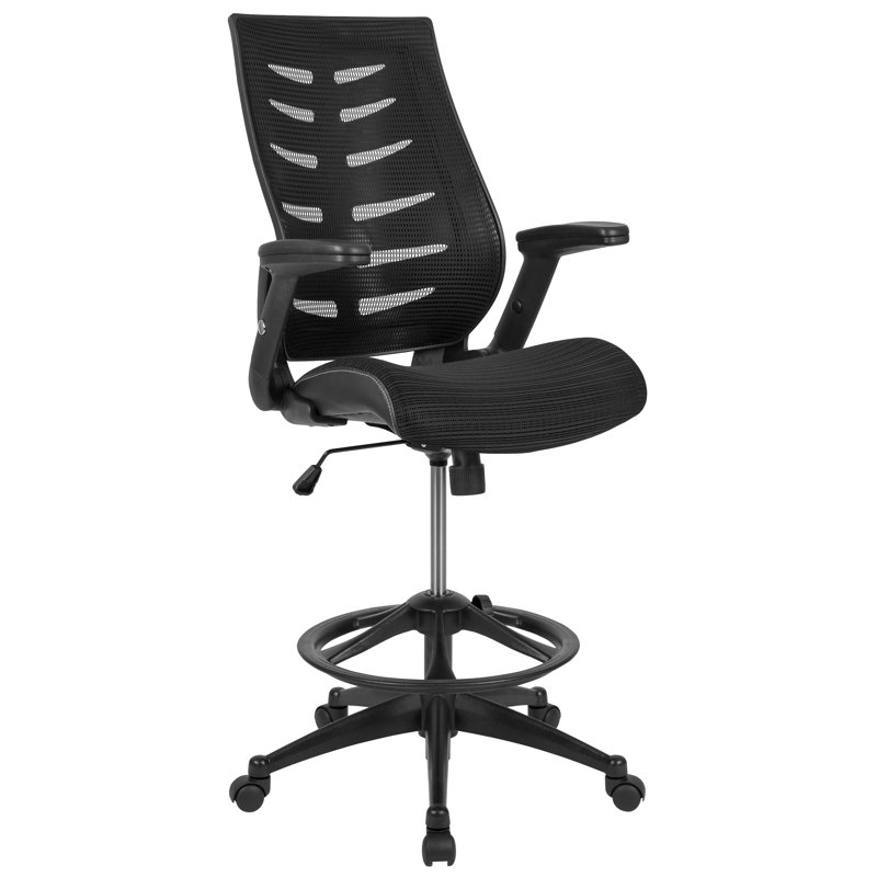 High Back Mesh Spine-Back Ergonomic Drafting Chair with Adjustable Foot Ring and Adjustable Flip-Up Arms, Black