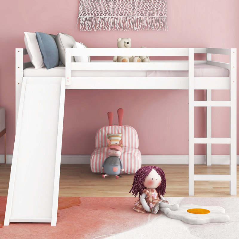 Lit mezzanine blanc avec glissade stable - Fabriqué en bois massif à souhait
