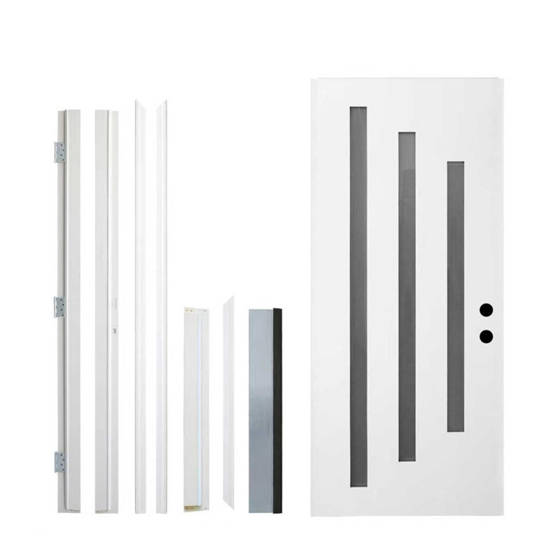 Porte d'entrée 36 po x 80 po en fibre de verre apprêtée blanche avec moulure de brique, finition brossée, ouverture à gauche