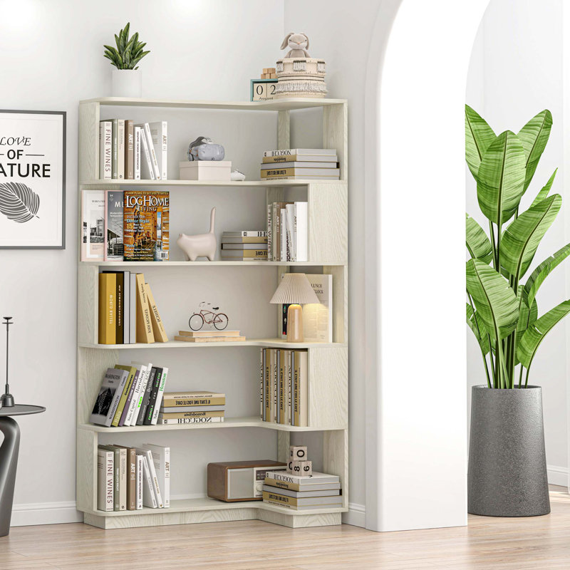 Bibliothèque d'angle peu encombrante avec sécurité anti-basculement et rangement ouvert, White