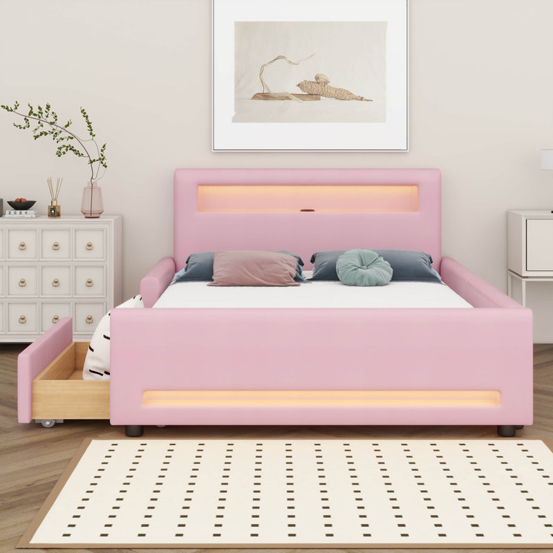 PU Upholstered Platform Bed With Drawer, LED Light Strip&USB Port, Full, Pink