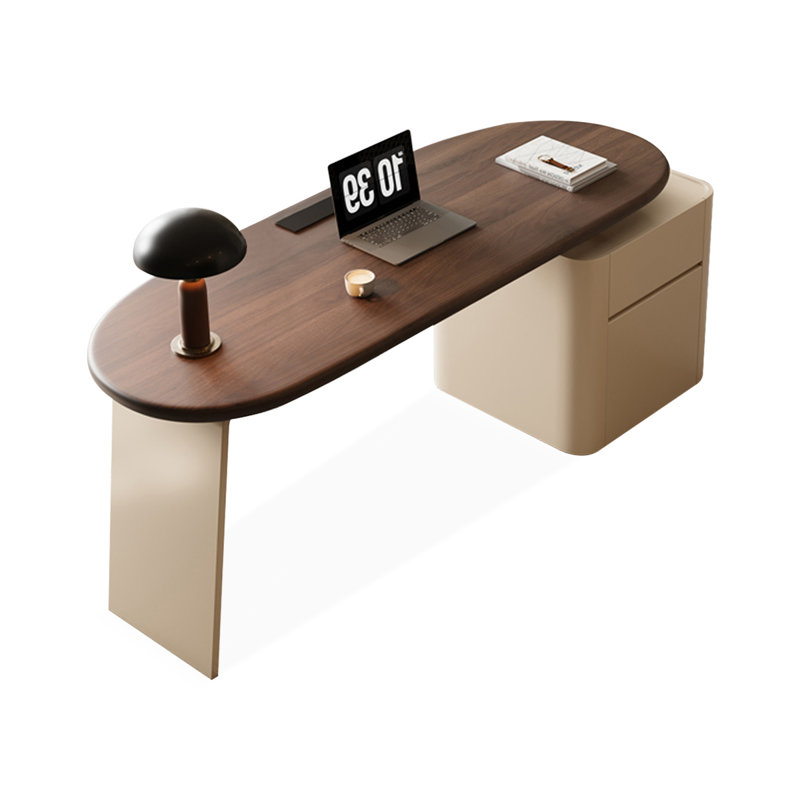 Bureau en bois manufacturé courbé brun noisette + beige avec 1 tiroir, H 29,53 po x l 78,74 po x P 31,5 po, Left Hand Return