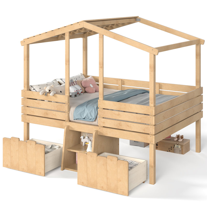 Lit mezzanine double avec escalier et tiroirs de rangement, lit mezzanine bas pour enfant avec toit de maison, structure en bois massif, aucun sommier nécessaire, naturel