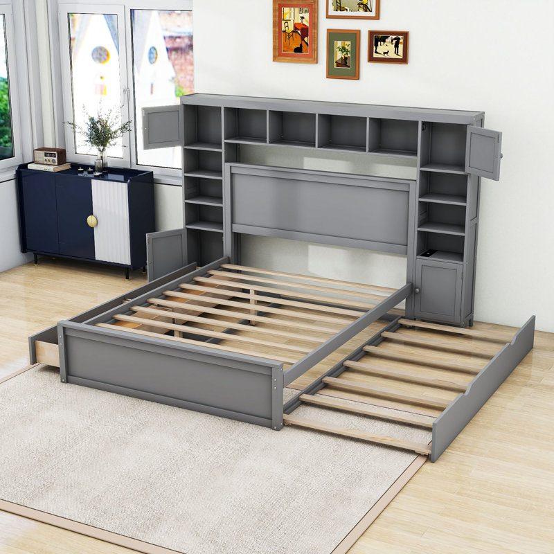 Lit plateforme avec prises intégrées et tiroirs de rangement, Gris, Grand lit