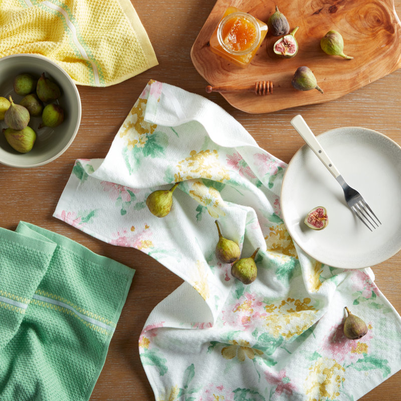 Amber Floral and Solid Cotton Kitchen Towel Set, 2-Pack