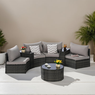 11 - Piece Half-Moon Outdoor Wicker Round Sectional Sofa Set with Coffee Table for Patio, Garden, Deck, Pool