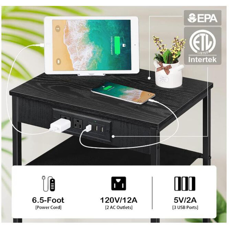 End Table Set and Built-In Outlets, Black