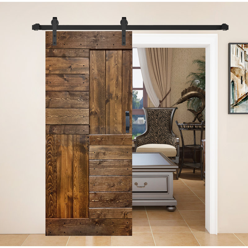 Dark Walnut Solid Wood Sliding Barn Door Kit with Matte Black Hardware