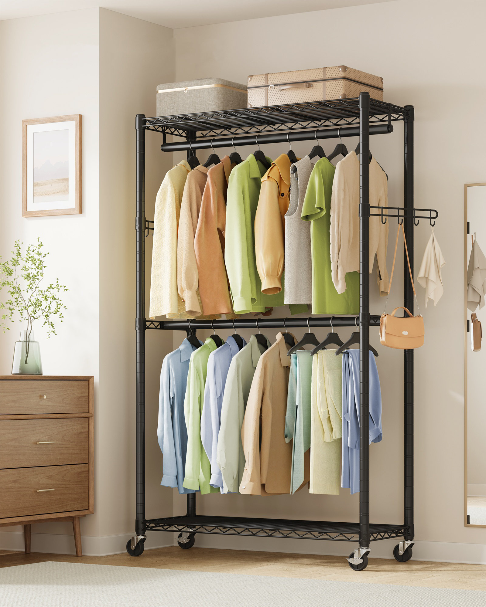 Mobile Clothes Racks Rebrilliant Rolling Portable Wardrobe, Heavy-Duty Metal Clothes Rack On ...