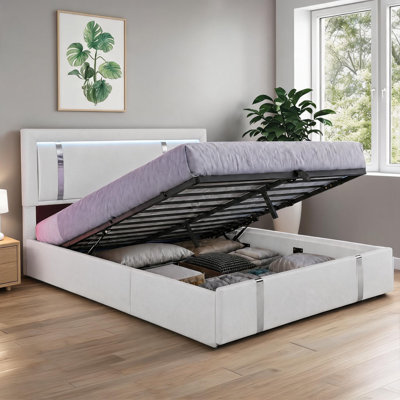 White-toned Faux Leather Upholstered Full Size Lift-Up Platform Bed Frame for Residential Bedroom, Modern LED Functional Design