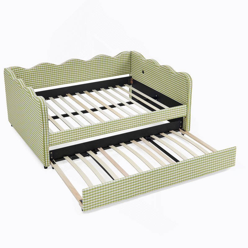 Lit de jour double en vichy double avec couchette simple sans sommier, avec port USB et adorable tissu en forme de vague