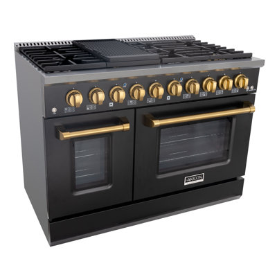 Cuisinière au gaz autoportante de 48 pouces Akicon - 6,7 pieds Pi. Double four à gaz à convection rapide - cuisinière à gaz avec 8 brûleurs scellés et une plaque chauffante, grilles en fonte robustes (noir et or)
