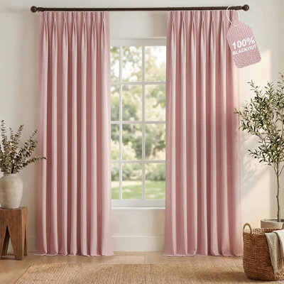 PRO 100% Blackout Pink Curtains for Girls Room, Pinch Pleated Thermal Curtains Linen Weave Window Treatments Sound Reducing for Bedroom/Nursery, W40 x L90, 2 Panels