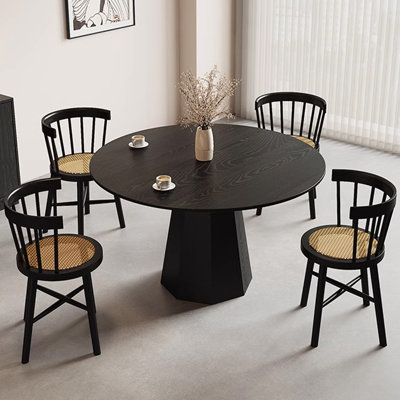 Black Round Solid Wood Grand Dining Table Sets