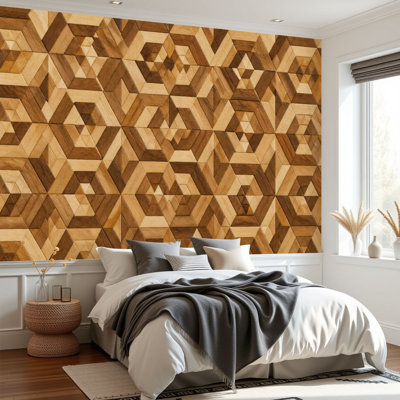 Papier peint adhésif à motif géométrique triangulaire en bois brun naturel et beige avec papier auto-adhésif amovible pour décoration murale 69 po x l 96 po