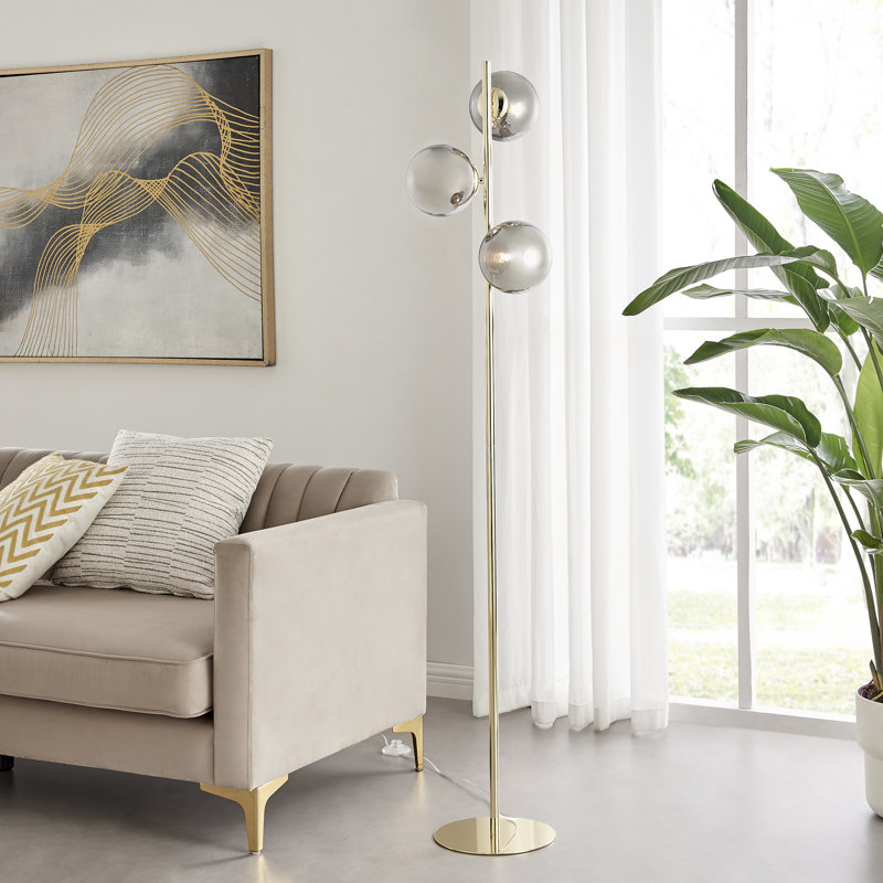 Anjae Triple Light Floor Lamp - Frosted Glass and Polished Metal Chic Living Room Light