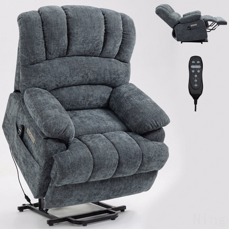 Blue Gray Chenille Power Lift Recliner - 23" Seat, 8-Point Massage, Lumbar Heating, High Back, Gray