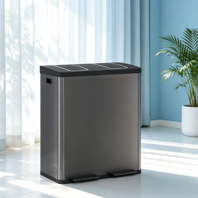 Dual Compartment 2 x 10.6 gal Stainless Steel Double Kitchen Trash Can with Lid | Dual Compartment Recycling Bin Combo, Pedal Bin with Soft Close Lids, Suitable for Kitchen, Living Room, Bedroom.