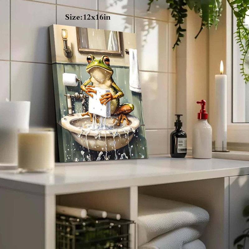 Funny Bathroom Frog Wall Art,Funky Frogs In Bath Wall Decor,Towel Frog Poster,Washing Hands Wall Decor For Toilet Washroom Decoration Framed