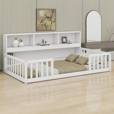 Minimalist Floor Bed Frame with Storage Shelves & Guardrails