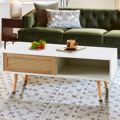 41.34" W Modern Rattan Style Coffee Table, With Storage Solid Wood Legs And Sliding Door White Color Sofa Table
